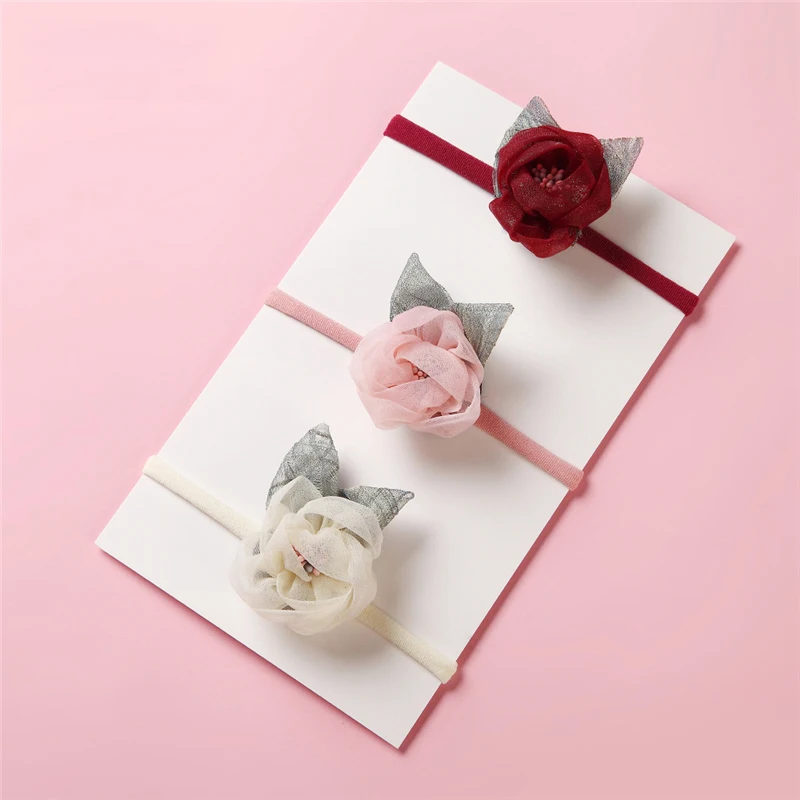 WARMOM DIY Handmade Elastic Hair Bands Gauze Lace Flowers Green Leaves Children Hairbands Gift Kids Hair Drcor Hair Accessories