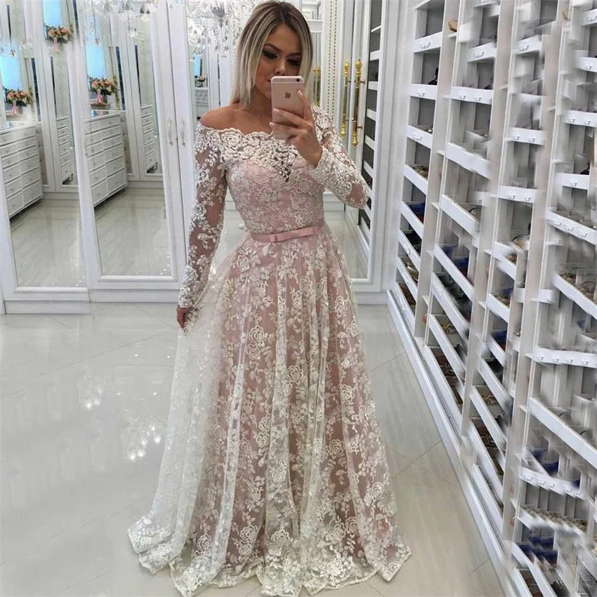 

2020 New arrival Lace Sweep Train Long Evening Dresses A-line Off Shoulder with Long Sleeves Plus Size Formal Dress Evening Gown