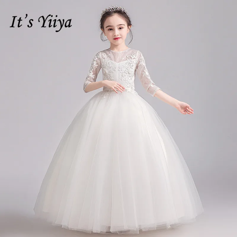 Платья для девочек с цветочным рисунком It's Yiiya B043 белое кружево из аппликаций