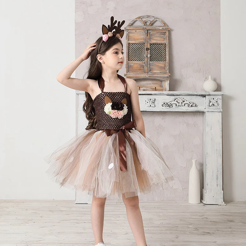 Deer Costume Girls Halloween Christmas Fancy Dress Flower Reindeer Bambi Kids Tutu Dress with Headband Children New Year Clothes (10)