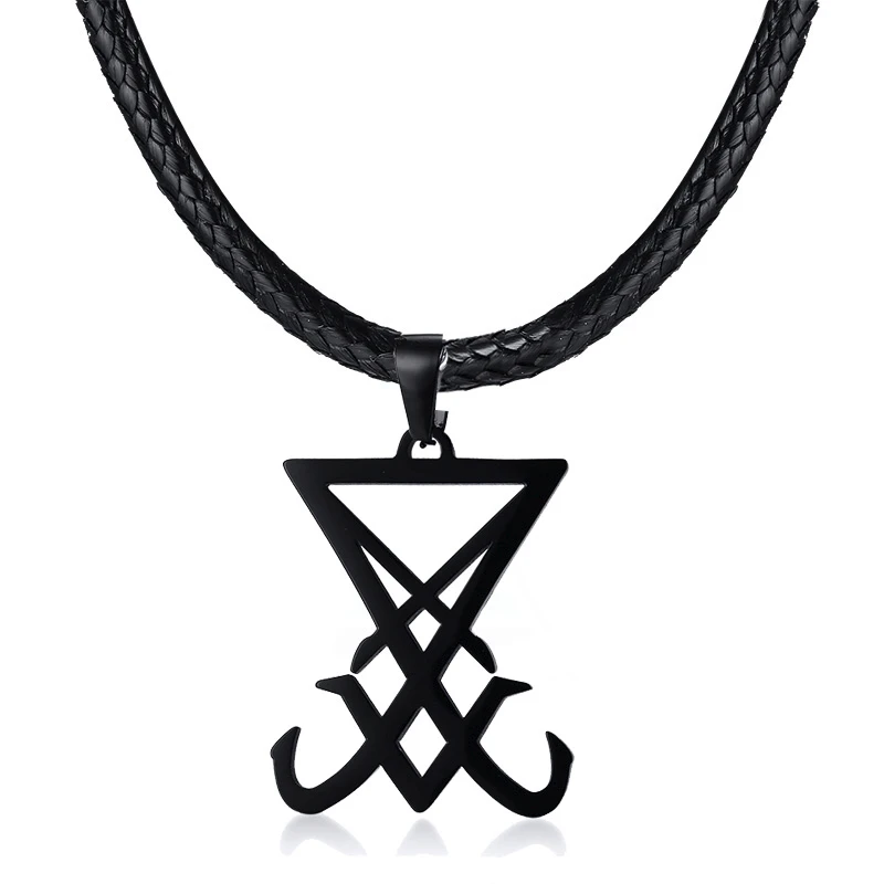 Сатаны уплотнение sigil of LUCIFER кулон из нержавеющей стали в Люцифер треугольник ожерелье столь сатанизма унисекс ювелирные изделия - Окраска металла: Black rope