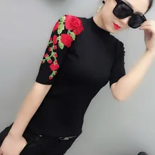 Весенние хлопковые футболки с коротким рукавом и воротником-стойкой с 3D цветочной вышивкой, женские модные Стрейчевые хлопковые футболки, хлопковый топ