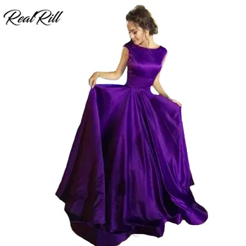 

Real Rill Bateau Neck Evening Dress Long Satin Tank Lace Up Back Floor Length A Line Formal dress Evening Gown For Women