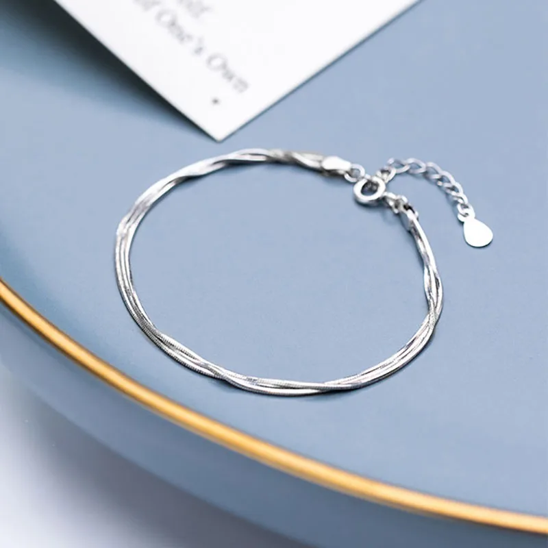 New 925 Sterling Silver Three Layer Snake Bone Chain Bracelets Smooth Elegant Korea Style Bracelets for Women Trendy 925 Jewelry