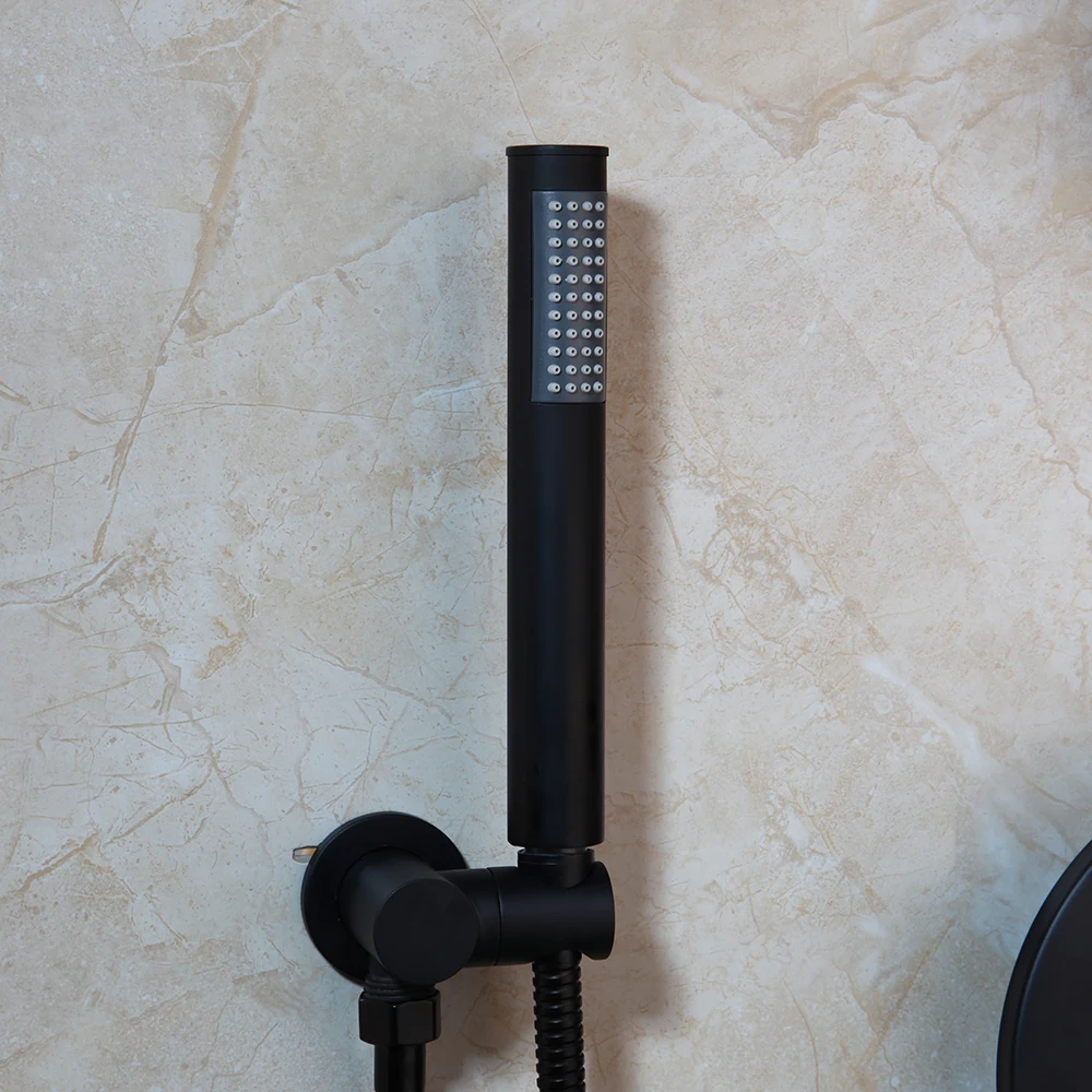 JIENI 8 дюймов матовый черный круглый дождевой смеситель для душа для ванной комнаты настенный дождевой Душ смеситель насадка и ручной душевой набор