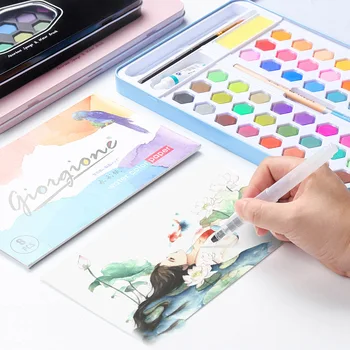 

High Quality Iron Box Solid Watercolor With Wooden Brush For Beginner Portable Paints Pigment Set Artists School Art Supplies