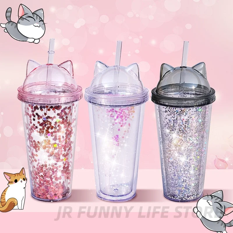 420ml Cat Ear Water Bottle with Sequins BPA FREE Double wall Plastic Tumbler straw reusable Smoothie Cup Drinkware | Дом и сад