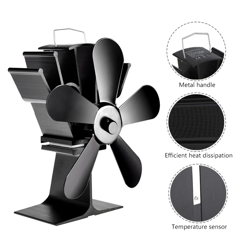 

5 Blades Black Stove Fan Eco Heat Powered Burner Log Wood Burner Top Fireplace
