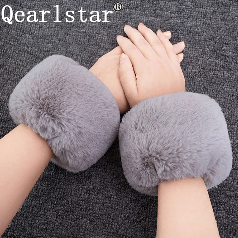 Qearlstar искусственная кроличья шерсть запястье для женщин утолщаются манжеты руки теплые браслеты зимние плюшевые эластичные рукава Декор FY28
