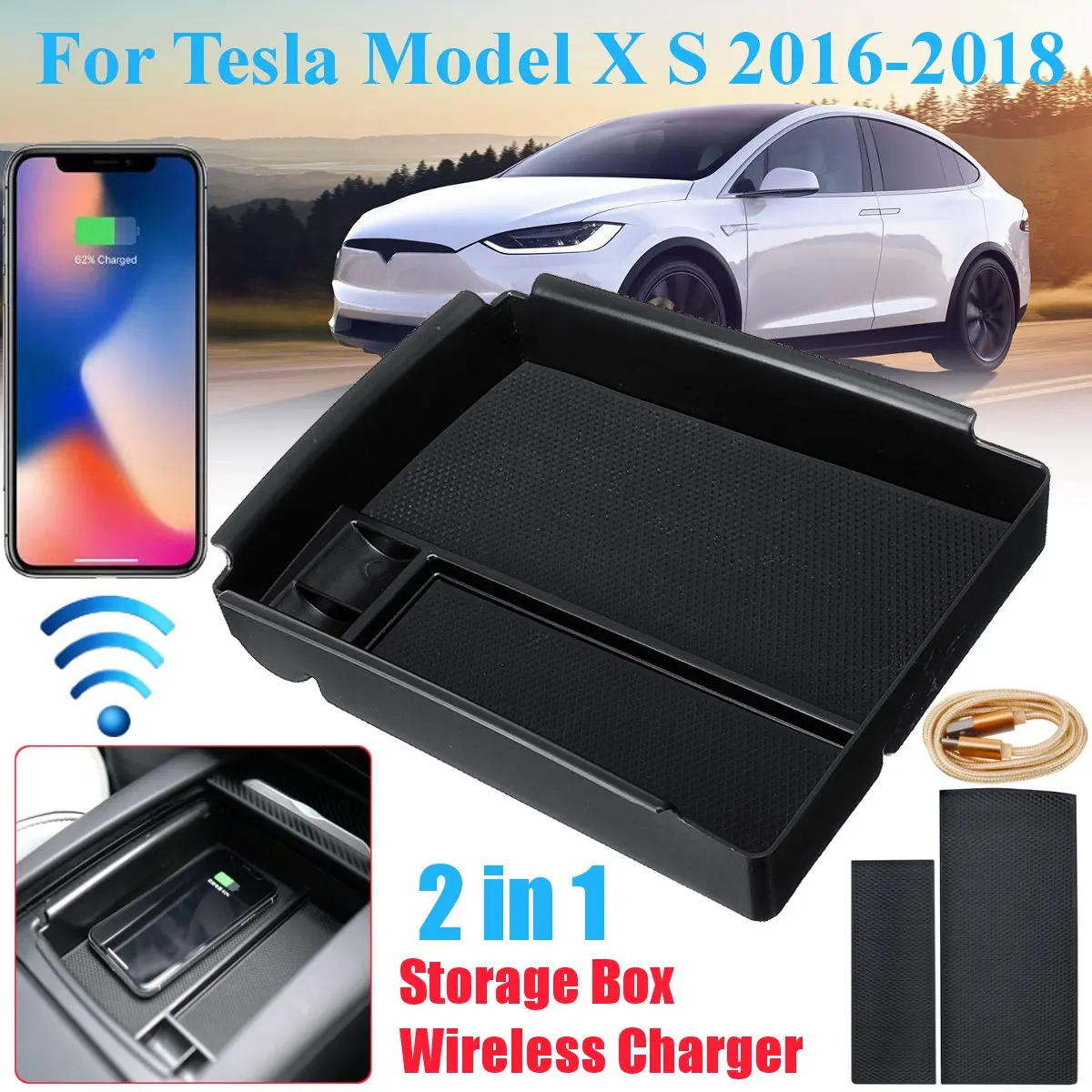 

1PCS Mobile phone wireless charging Central Armrest Storage Box Car Accessories For Tesla Model X Model S 2016 2017 2018