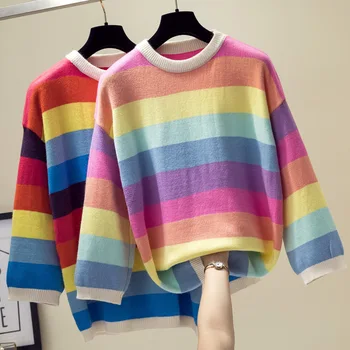 

Autumn Rainbow Stripe Turtleneck Student Sweater Loose Outside Wear Long Sleeve Knit Work Casual Women Sweaters