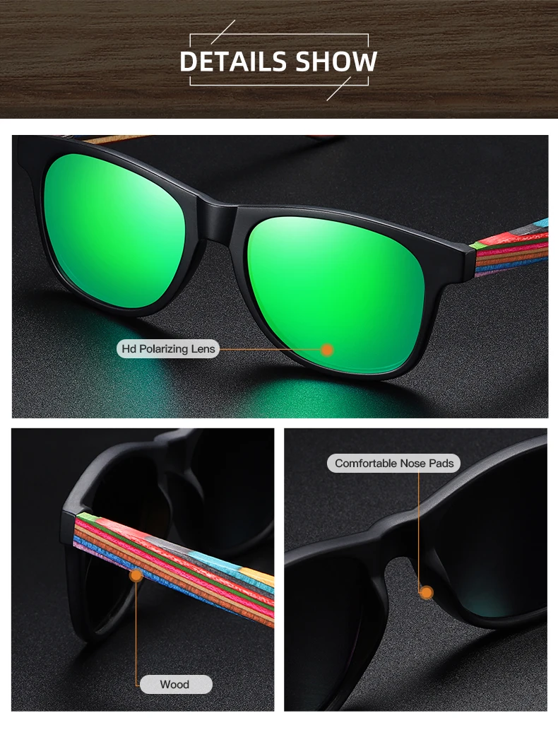 EZREAL Polarized PC Frame With Wooden Legs Sunglasses for Men or Women Color Wooden Temples designer sunglasses for women