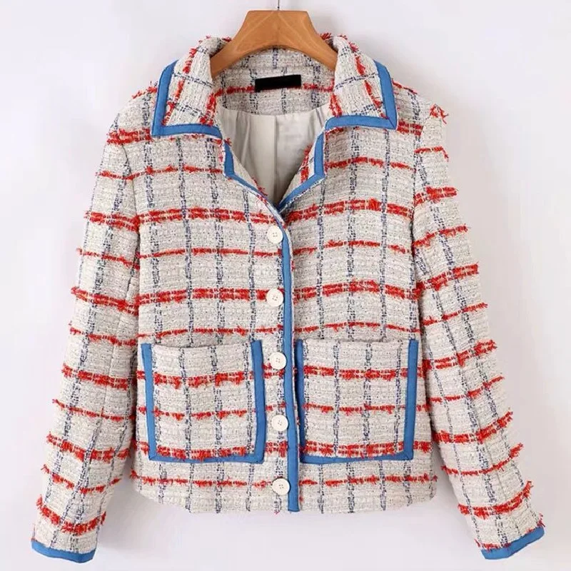 Sweet Plaid Print Women Jackets and Coats Runway Elegant Single Breasted Lady Short Jacket Overcoat Autumn Winter Clothes