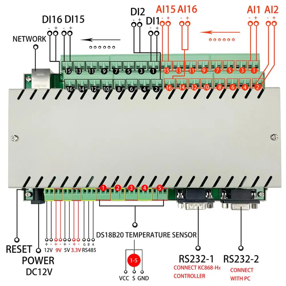 16 channel analog digital input AI DI board rs232 485 ethernet Power Meter Temperature detection sensor reader development kit