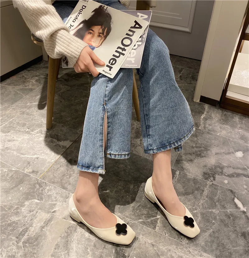 Metal decoration square toe flats brief low heels slip on moccasins casual comfy soft bottom loafers shallow leisure women shoes