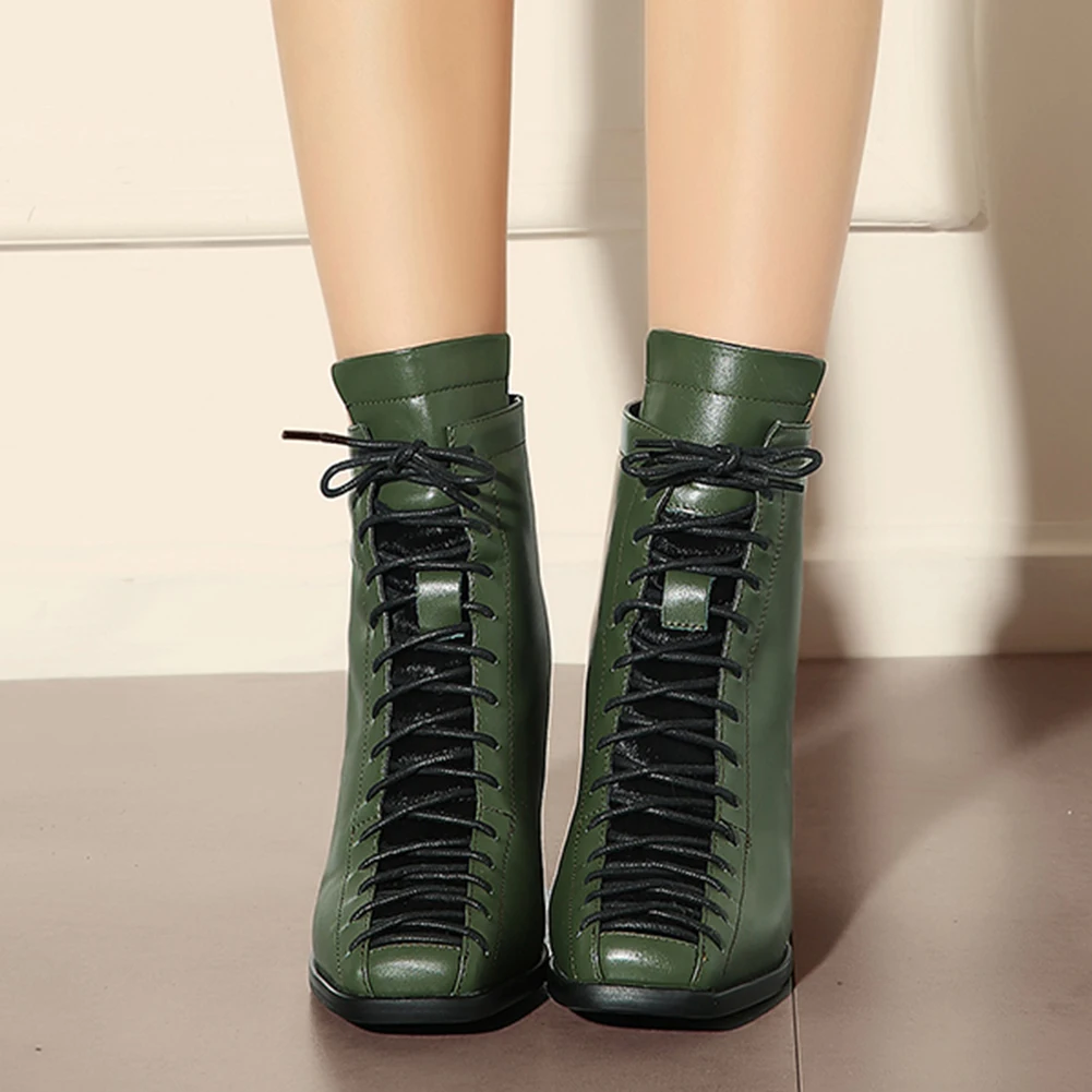 

SARAIRIS Drop Ship New Plus Size 42 Genuine Cow Leather Chunky High Heels Ankle Boots Woman Shoes Lace Up Shoes Women Boots