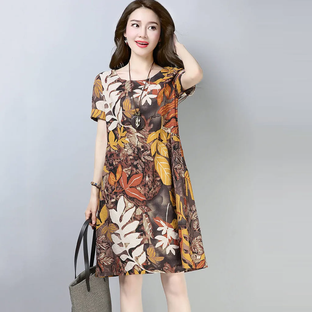 Women Dress Fashion Casual Women O-Neck Short Sleeve Ladies Dress Loose Printed Dress Vintage Dress Party Dress 2020 платье