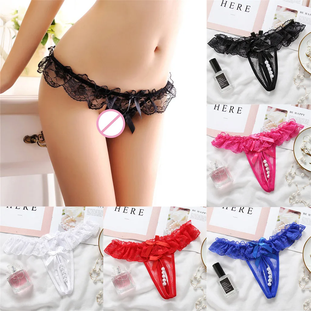 Open Lace Crotch Thong Mesh Pearl G-string Straps Sexy Lingerie Temptation Pants Women's Soft Briefs Bow Panty Underwear 51*