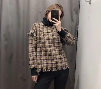 

HCBLESS 2019 autumn women's small fragrance style woolen plaid tassel stitching high collar hoodies sweatshirt women's loose top