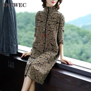 

2019 Autumn New High Quality Casual Fashion Temperament Women Loose Plus High Collar Print Knit Dress Z508
