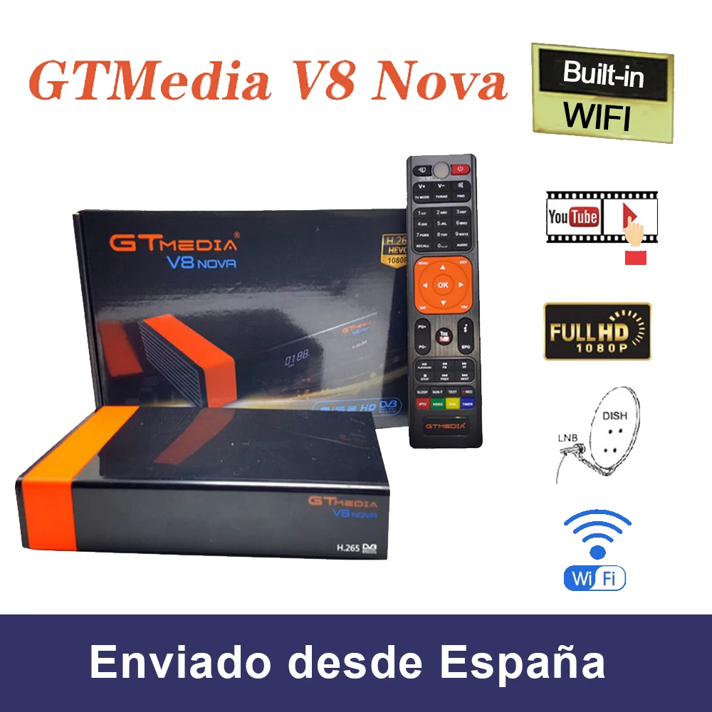 

GT media V8 Nova DVB-S2 Freesat Satellite Receiver H.265 built-in WIFI 1 Year Europe Spain cccam 7 Clines MU3 TV Box V9 super