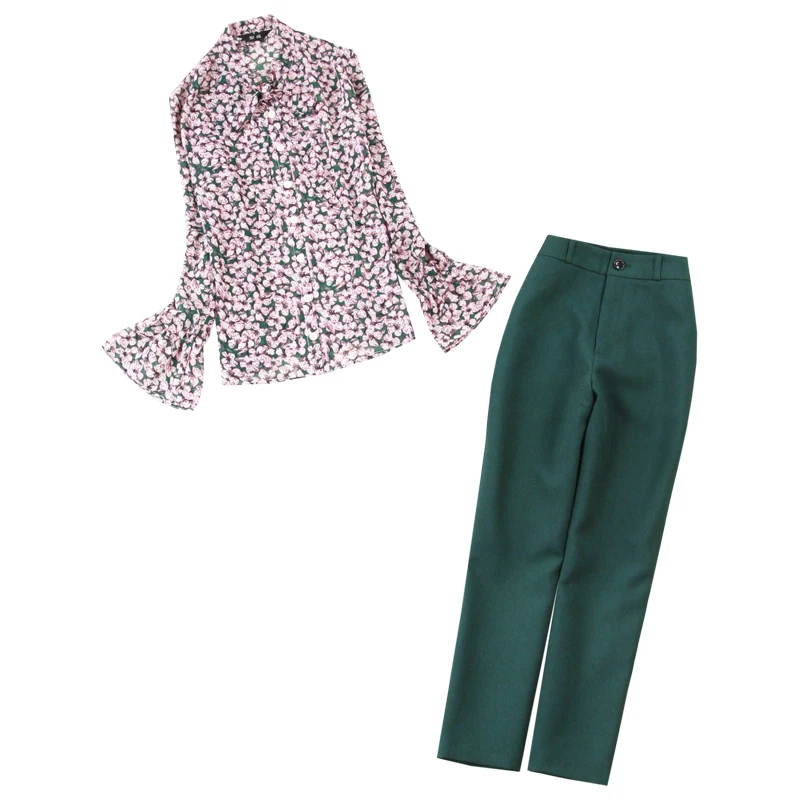 

Women's skirt two-piece chiffon long-sleeved bow-neck shirt + 9 points small straight pants OLwomen two piece outfits