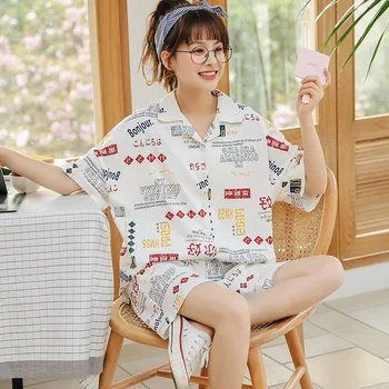 

Pure Cotton Fold-Down Collar Pajamas Female Summer Lettered Korean-Style Short Sleeve Set Loose Fresh Students Hello Thin Home