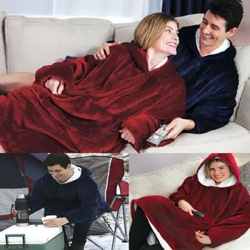 

Women Men Winter Fleece Wearable Blanket With Sleeves And Pocket Micro Plush Warm Snuggie Thermal Sleepwear Night-robe