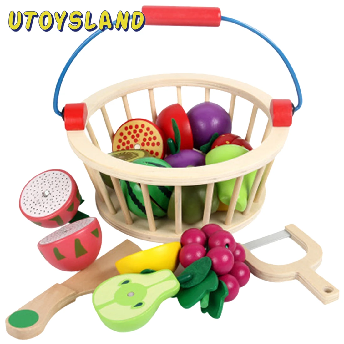 Baratos 12 Uds. De Madera magnética de frutas y verduras juego de juguete de corte conjunto de juguetes para niños Juego y simulación de cesta redonda de frutas