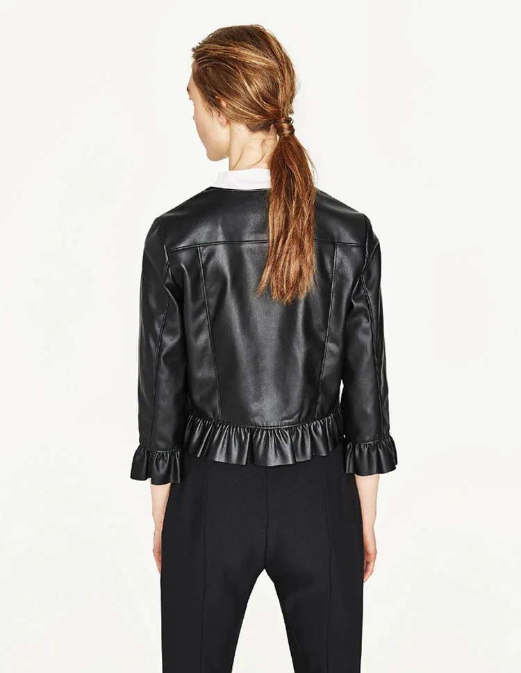 Flounced Three-quarter-length Sleeve Crew Neck Leather Coat Spring And Autumn New Style Europe And America Short Women's Lo