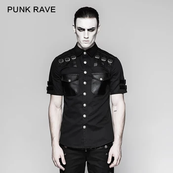 

PUNK RAVE Men Fashion Handsome Gothic Tshirt Punk Rock Leather Military Short Sleeve Summer Cool Tops T-Shirt Hip Hop Streetwear