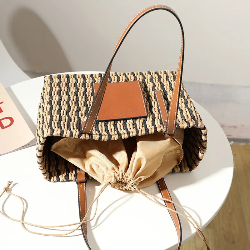 Straw Bags Summer Bag 2021 Fashion Pu Leather Splice Straw Bags