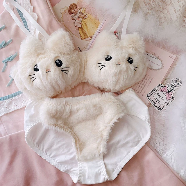 Cute Lolita Lingerie Soft Girl Pink Plush Cat Embroidery No Steel