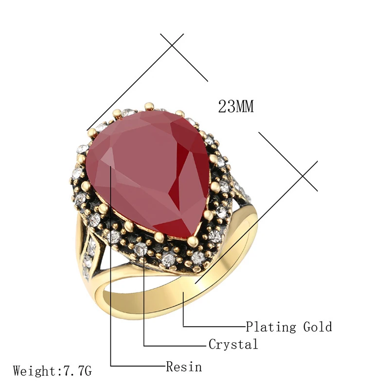 Vintage Mosaic Zircon Rings 1PC Antique Golden Crystal Ring Turkish Oval Jewelry Black Red Green Resin Stone Women Boho Wedding