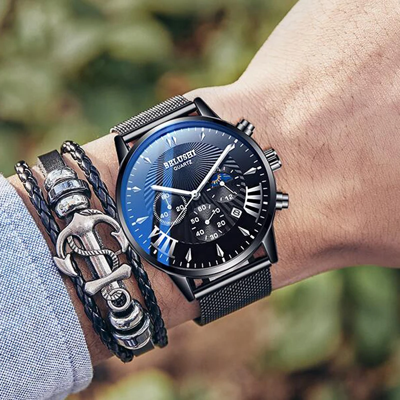 

Original Fashion Design Mens Watches Top Luxury Brand Waterproof Sport Wrist Watch Moon Phase Quartz Military Black steel NEW