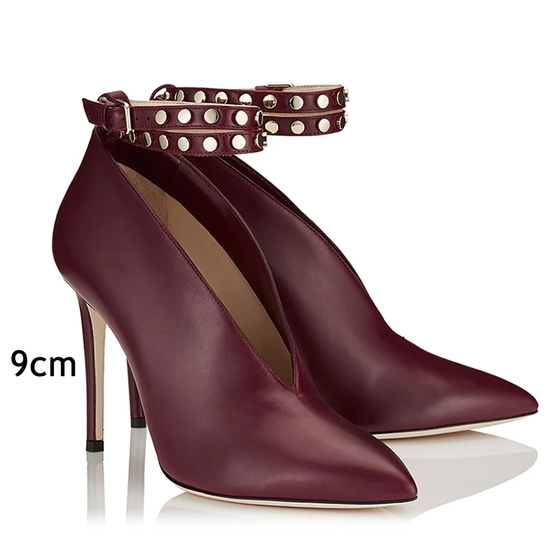 Wine Red 9cm Heel Роскошные брендовые дизайнерские женские ботинки на высоком каблуке с заклепками; женские ботильоны зеленого цвета с острым носком и ремешком на щиколотке; обувь на шпильке с шипами - Цвет: Wine Red 9cm Heel