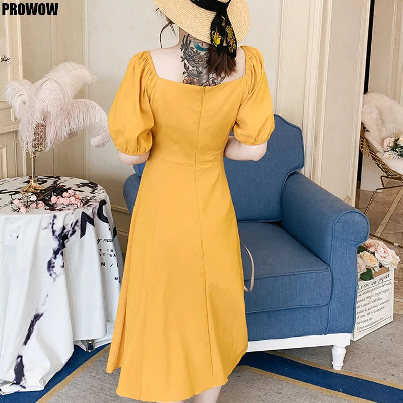 Chic Retro Women Puff Sleeve Dress 2020 Summer Fashion Square Collar Button Front  High Waist Dress Korean Ladies Dress Vestidos