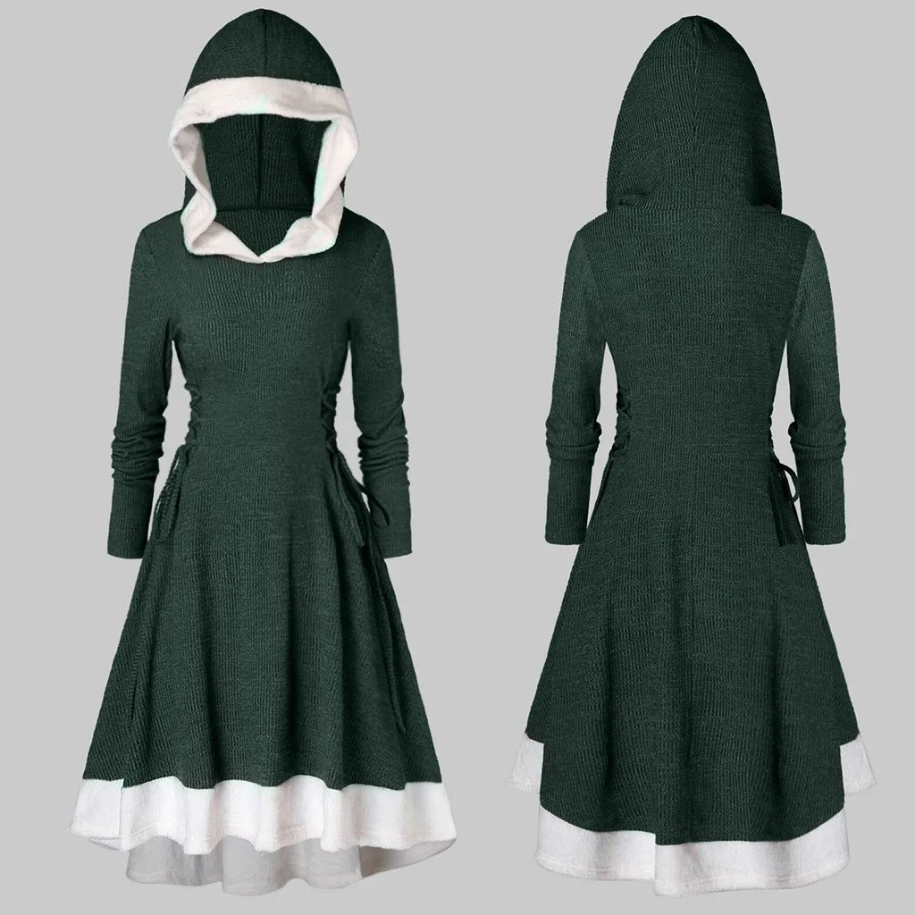 Robe hiver femme, женское платье с длинным рукавом, винтажное, однотонное, размера плюс, с капюшоном, на шнуровке сбоку, зимнее платье, vestidos ropa mujer sukienki