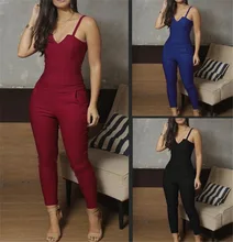 

2021 Women Solid Sexy Sleeveless V-neck Party Jumpsuits Fall Summer Female Spaghetti Strap Fashion New Elegant Ruffles Jumpsuits