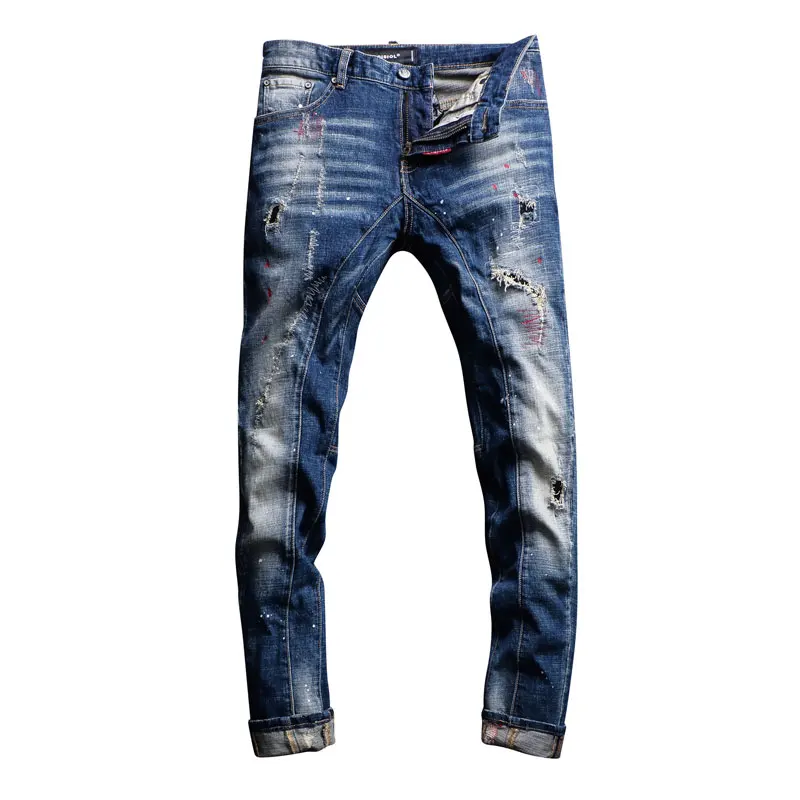 

2020 Designer Men Jeans High Quality Blue Retro Wash Ripped Jeans Men Punk Style Denim Pants Streetwear Italian Vintage Jeans
