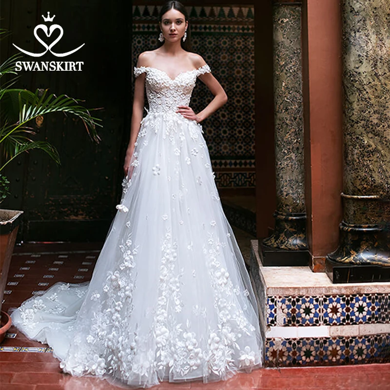 

SWANSKIRT Sweetheart 3D Flowers Wedding Dress Appliques Lace up A-Line Sleeveless Princess Vestido de novia OZ49 Bridal Gown