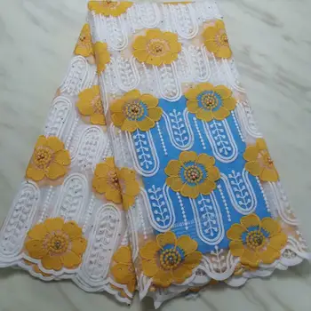 

High Quality Yellow Nigerian Mesh Lace Fabrics 2019 African French Guipure Lace Fabric With Beads Embroidered Lace Dress