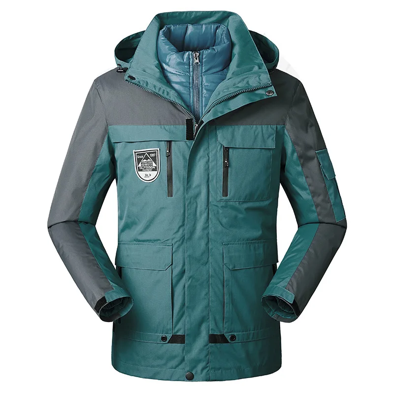 Мужская Толстая теплая зимняя куртка-пуховик 3 в 1 новая модная верхняя одежда в стиле пэчворк ветрозащитная Водонепроницаемая Мужская куртка с капюшоном 5XL 6XL - Цвет: Бежевый