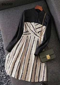 

Newest Fashion Spring Summer Dress 2020 High Quality Women Striped Print Patchwork Long Sleeve Slim Fit ALine Casual Linen Dress