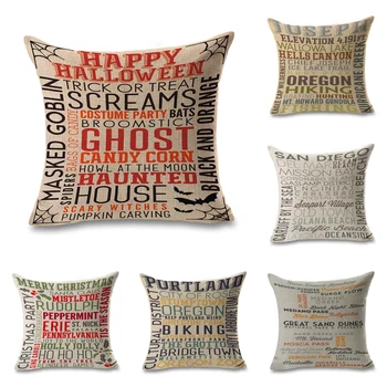

Typography Art Pillows with Letter Happy Halloween Linen Cover Case Couch Seat Cushion Throw Pillow For Car Home Decor Gift