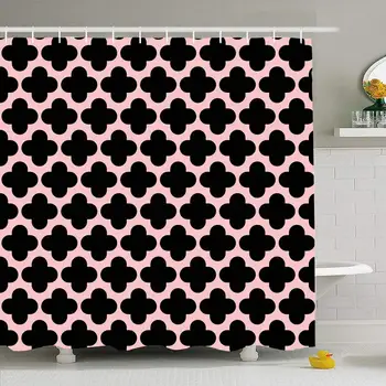 

Shower Curtain Set with Hooks 60x72 Black On Modern Pink Dimensional Beautiful Checker Quatrefoil Element Pattern Ornament