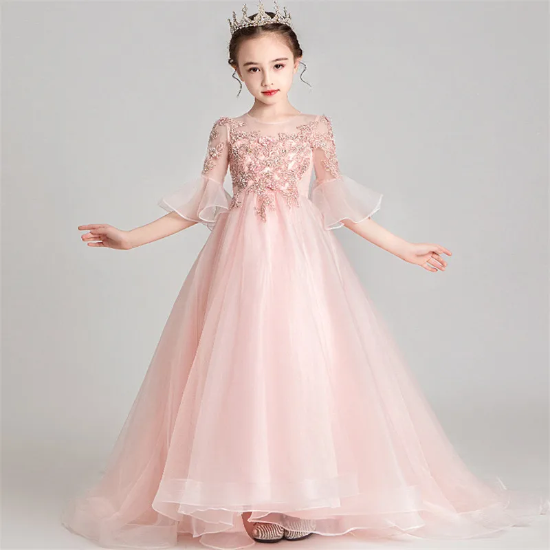 Детское элегантное платье из тюля с вышитыми цветами и круглым вырезом для дня рождения и свадьбы детское платье для игры на фортепиано
