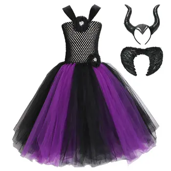 

Kids Maleficent Cosplay Dress Girls Evie Queen Makeup Clothes Children Tutu Frocks Baby Girl Black Purple Knit Slling Ball Gown