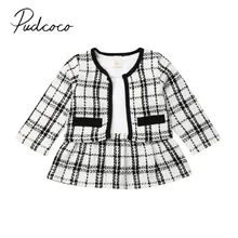 Коллекция года, весенне-осенняя одежда для малышей клетчатая одежда для маленьких девочек на день рождения клетчатое пальто Топы+ платье, 2 предмета, вечерние, теплые, элегантные наряды, От 1 до 6 лет