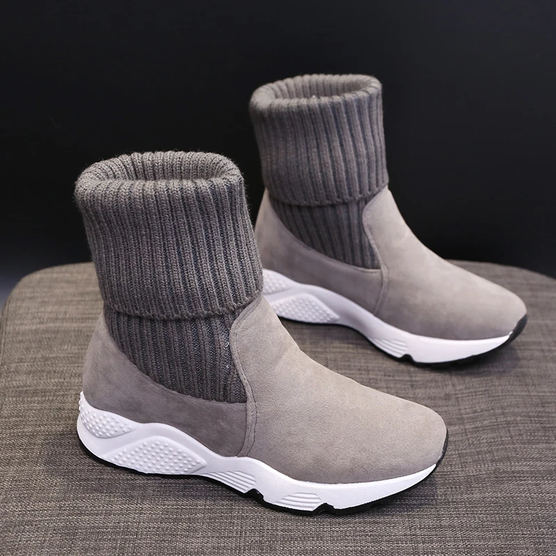 New Ladies Winter Knit Sneakers Women Shoes Designer Winter Sneakers Fur Warm Plush Sport Sock Boots Casual Shoes Female